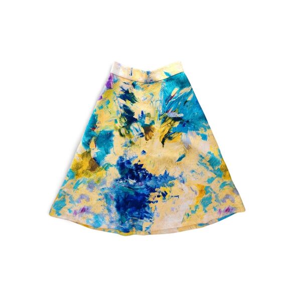 H&M Watercolor Brocade Midi Skirt Size 4 Yellow Teal Purple A-Line Abstract Art - Picture 2 of 14
